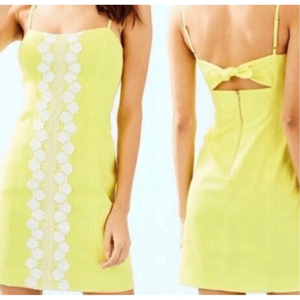 Lilly Pulitzer Yellow Cotton Lace Trim Back Tie Cutout Shift Dress Size 6